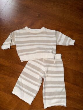 Kids Cream & Beige Striped Knit Matching Set